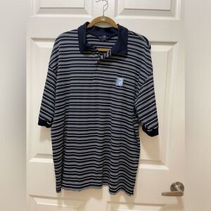 Mens Polo Shirt NC State Logo Embroidered Size L/XL Stretch Stripes Blue White